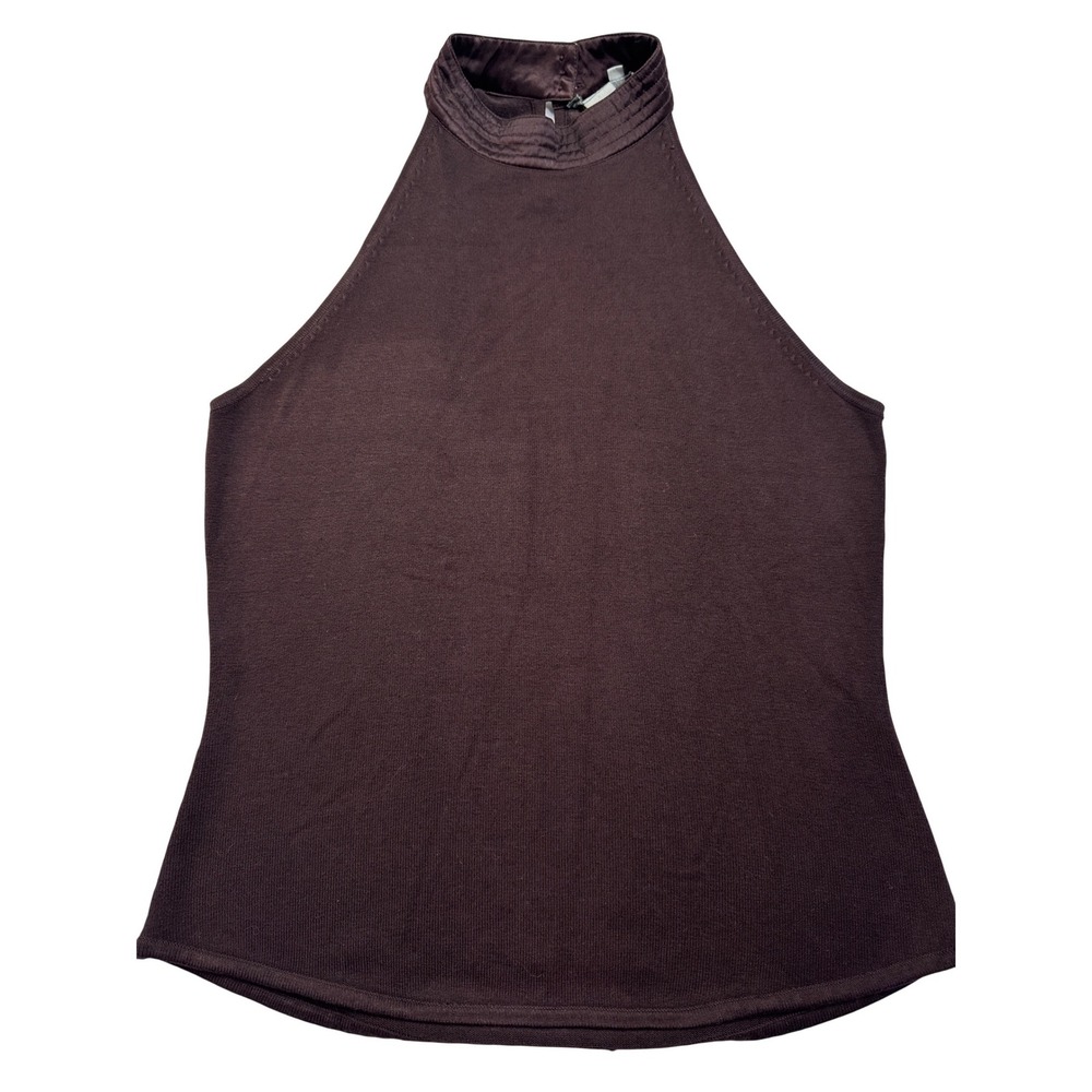 Alberto Makali Brown Sleeveless Knit Halter Neck Top Satin Collar Size Large